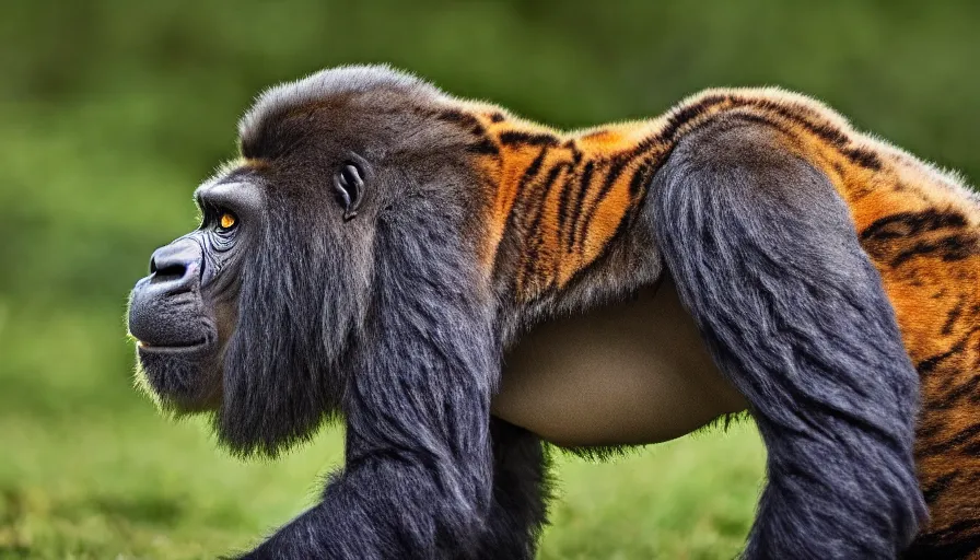 Image similar to a tiger gorilla!!! hybrid! hyper realistic!! realistic lighting!! wildlife photographer of the year!!! bold natural colors, national geographic, hd, wide angle, 8 k