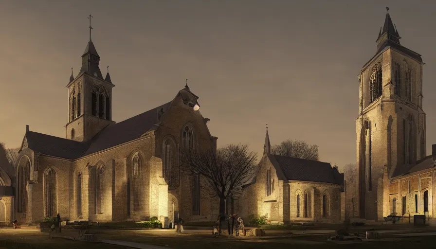 Prompt: Eusebius church in Arnhem by night, wide view, volumetric light, hyperdetailed, artstation, cgsociety, 8k