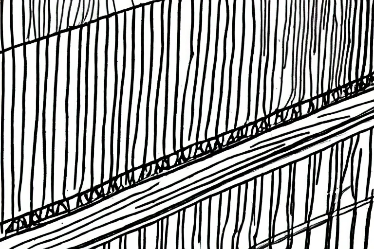 Image similar to a one line drawing of an urban balcony, solid background, black and white