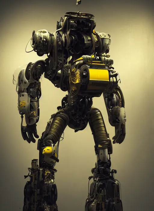 Prompt: a photorealistic dramatic hyperrealistic render of a futuristic exosuit power loader heavy machinery, ultra realistic details, glossy yellow, well worn, oil stains by vitaly bulgarov and mike nash, beautiful dramatic dark moody tones and lighting, cinematic atmosphere, studio lighting, shadows, dark background, octane render, 8 k