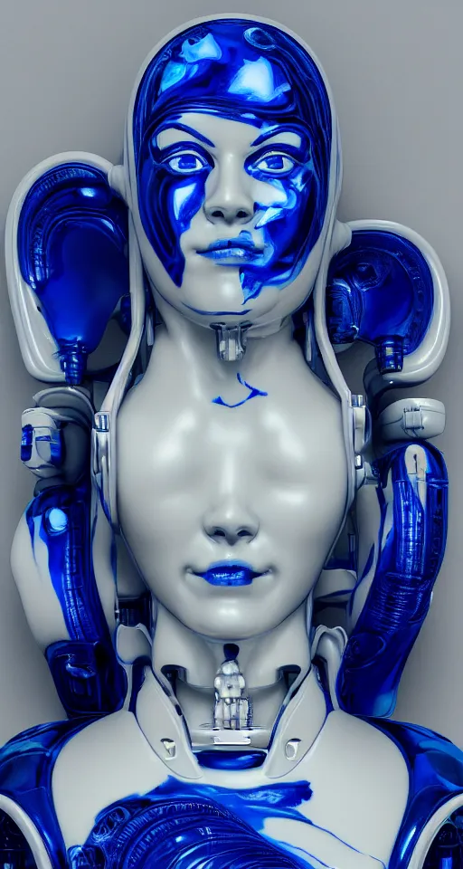 Image similar to portrait of a graceful cyborg, made of porcelain of delft, blue of delft, mechanical details, fluid cable, octane, 8 k resolution, detailed, realistic