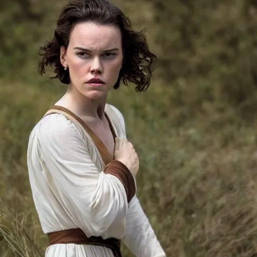 Prompt: a still of daisy ridley a beautiful model looking off into the distance, wavy medium - length brown hairs, jedi dress, beautiful green eyes, medium shot, beautiful perfect face, with a soft, natural light falling on her face. the focus is on her eyes and brows, which are perfectly shaped and well - defined. by annie leibowitz