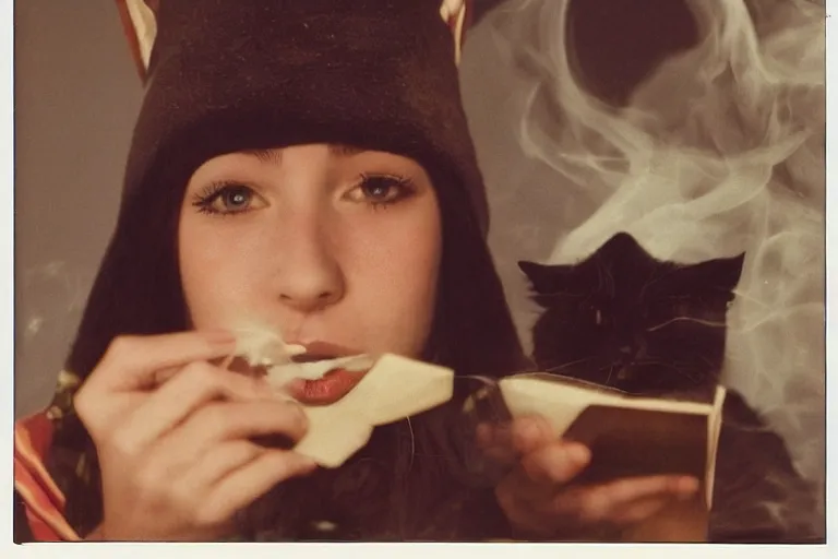 Image similar to polaroid 1 9 8 0's photo, close up portrait, dramatic lighting, concentration, calm confident teen witch and her cat reading tarot card, incense smoke fills the air, a witch hat and cape, ingredients on the table, apothecary shelves in the background, still from harry potter