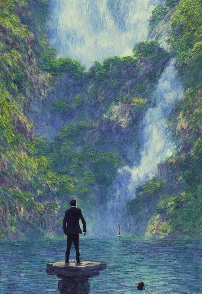 Image similar to tiny businessman in front of a japanese city in the mountain surrounded by waterfall. cyberpunk, boats flying. beautiful blue sky. gorgeous epic nature, lofi, vivid colors, amazing light, by jeremy lipkin, by claude monet, heavily inspired by makoto shinkai, inspired by ghibli, masterpiece, multiple brush strokes, impressionist style