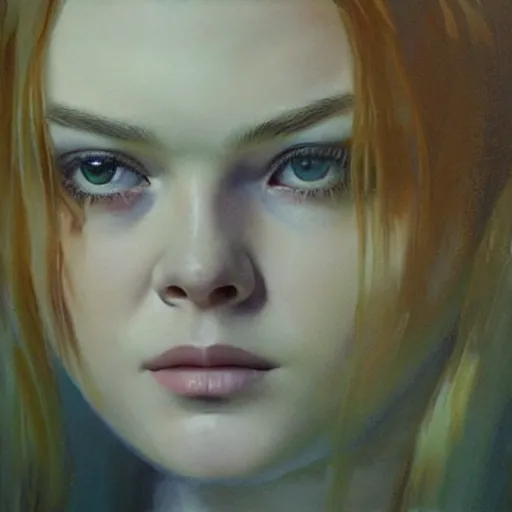 Image similar to ultra realistic medium shot portrait painting of elle fanning in the painted world of resident evil and bruce pennington, art by frank frazetta, 4 k, ultra realistic, highly detailed, epic lighting