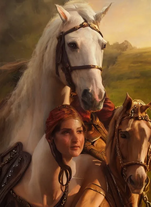 Prompt: painting of lady godiva with ciri from the witcher. by Daniel F. Gerhartz, hyperrealistic oil painting, 4k, very detailed faces, studio lightning