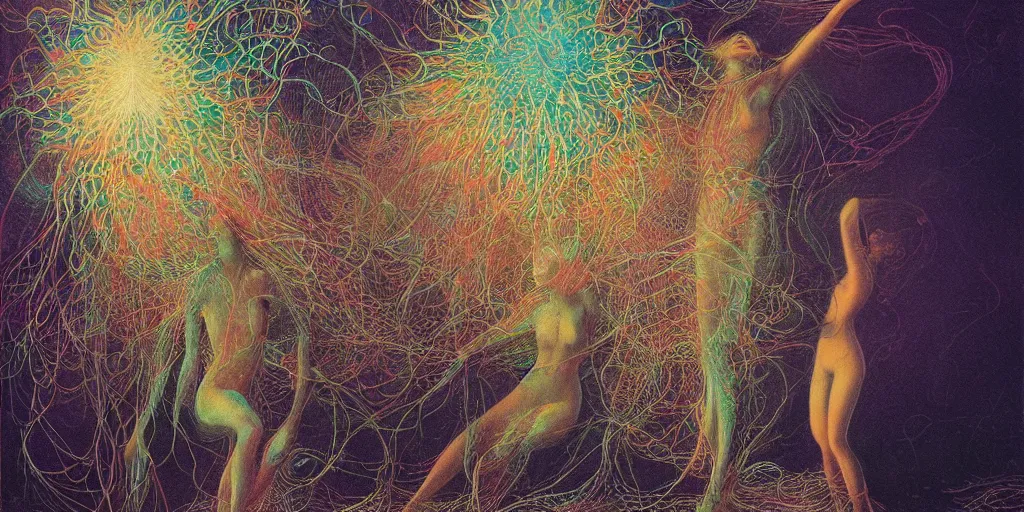 Prompt: a multiverse interpretation of a single scene with a girl, quantum physics, neon explosion of light, zdzislaw beksinski, by ernst haeckel, 8 k concept art, incredible masterpiece