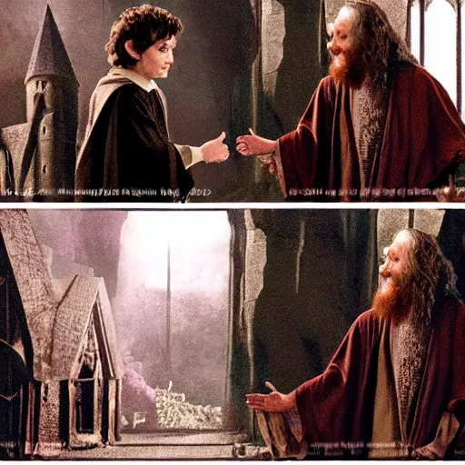 Image similar to frodo baggins meeting dumbledore, in hogwarts, cinematic