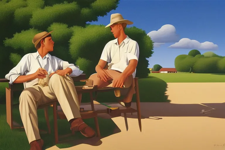 Image similar to two men talking, summer afternoon, kenton nelson