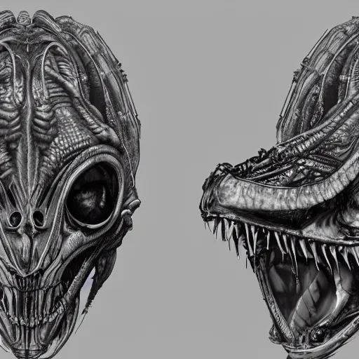 Prompt: xenomorph alien frog, frog head, alien by artist giger, bones background, intricate, concept art for movie, black and white colors, extreme detail, 4 k, detailed concept art, cgsociety, realistic lighting, sharp focus, backlit