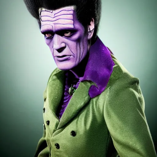 Prompt: frankenstein in green and purple, detailed skin, shiny jewels, professional make up, elvis hair style, created by the make up artist hungry, photographed by andrew thomas huang, cinematic, expensive visual effects