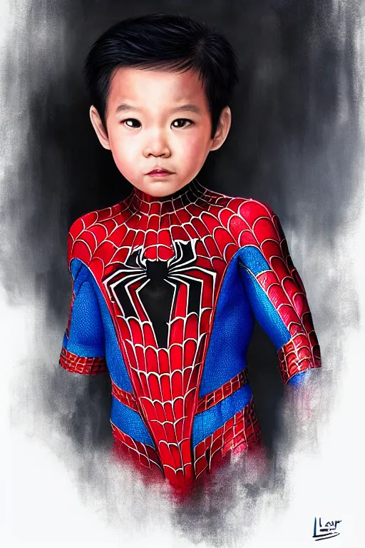 Image similar to majestic and regal portait of asian toddler spiderman, marvel, perfect face, beautiful, intricate, epic, elegant, fantasy, highly detailed, digital painting, hard focus, beautiful volumetric lighting, epic light, ultra detailed, by leesha hannigan, ross tran, thierry doizon, kai carpenter, ignacio fernandez rios