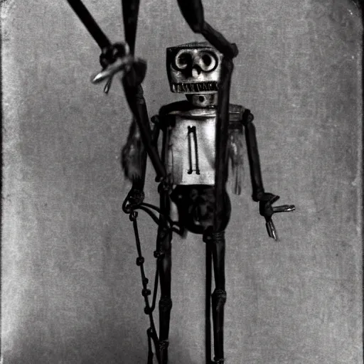 Image similar to alive, creepy marionette puppet, clockwork horror, pediophobia, lost photograph,, dark, forgotten, final photo found before disaster, polaroid,