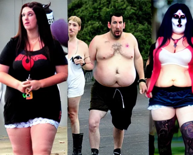 Image similar to fat gamer adam sandler wearing gamer shorts. surrounded by adoring female goth vampires.