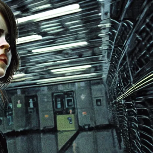 Image similar to Movie still of Emma Watson in Matrix, establishing shot