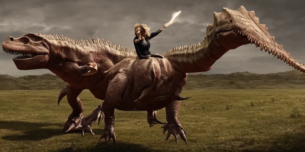 Image similar to mirtha legrand riding a dinosaur, cinematic, 4 k, movie