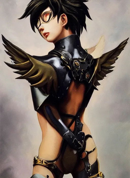 Image similar to full body artwork of tracer overwatch wearing leather collar in style of zdzisław beksinski, angel wings, dramatic painting, symmetrical composition, wearing detailed leather collar, black shiny armor, chains, black harness, detailed face and eyes,