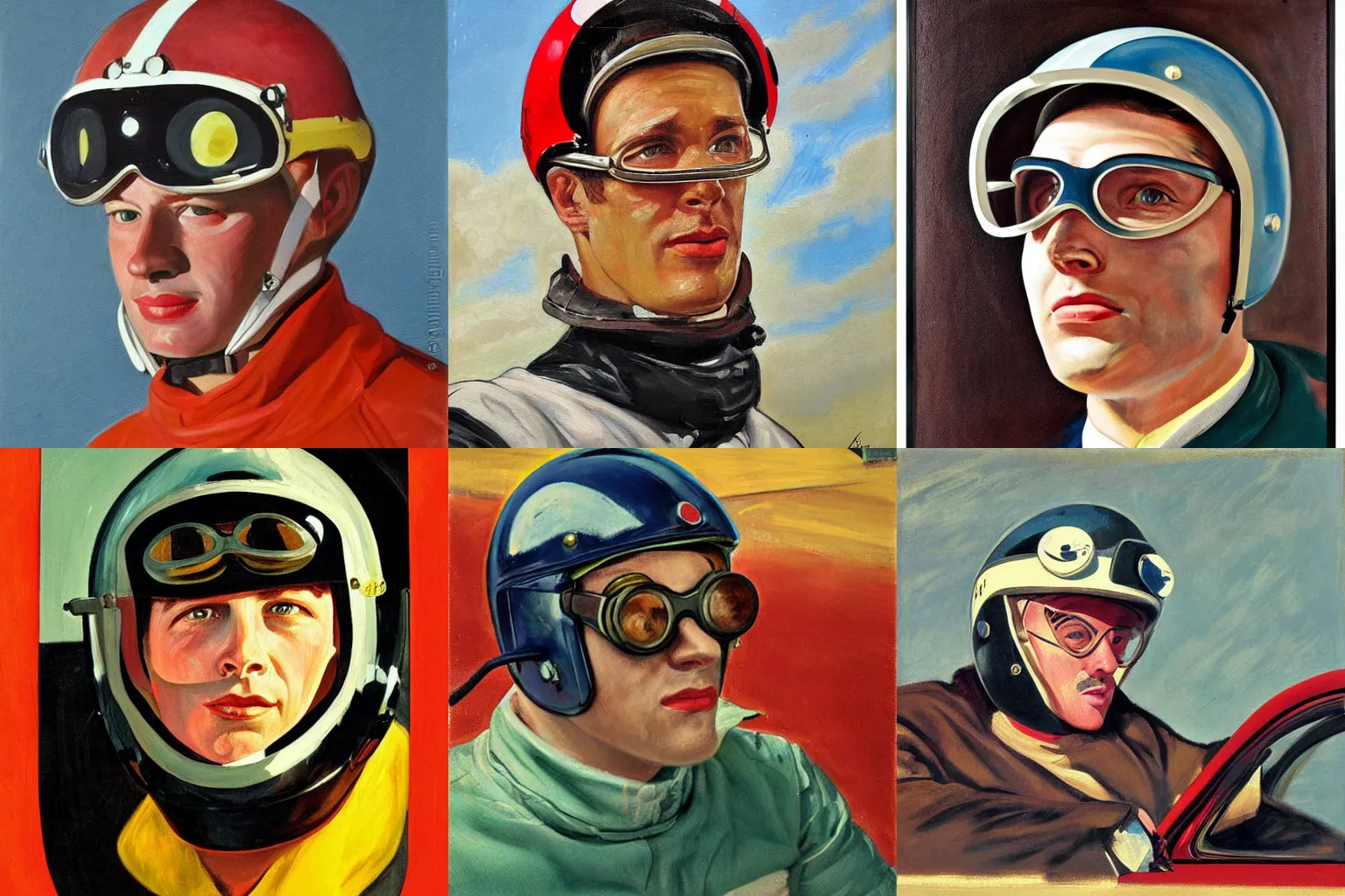 Prompt: Portrait of a 1950s racing driver, with helmet and goggles, painting by Albert Edelfelt