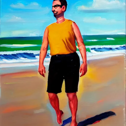 Image similar to a man walking in a sunny day in the beach with black shorts, oil painting