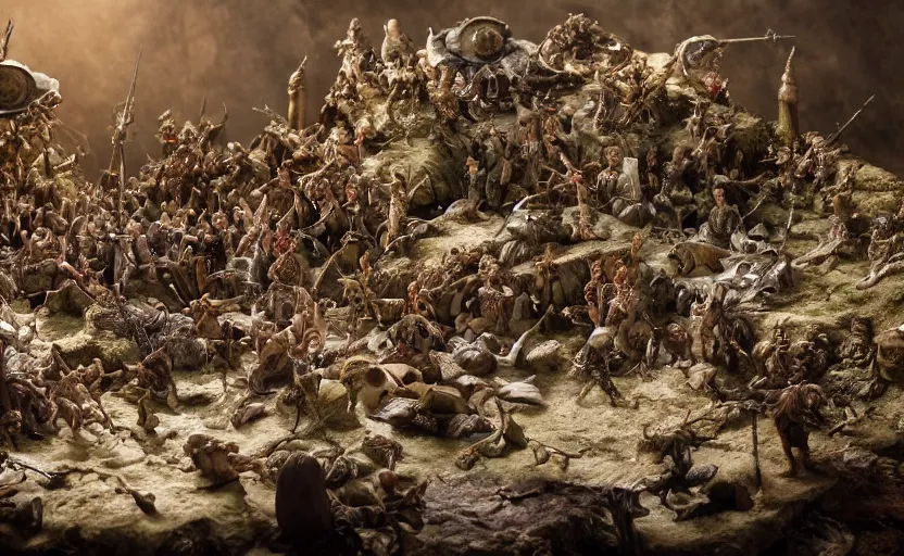 Image similar to stunning photograph of a claymation diorama of the battle of the pelennor fields, detailed, by erwin olaf, joop geesink, jim henson, brian froud, 8 k resolution, beautiful lighting, studio light, extremely detailed, establishing shot, realistic materials, hyperrealistic