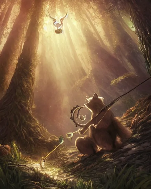 Image similar to Fox, Anthropomorphized, playing lyre in magical forest, magic the gathering artwork, D&D, fantasy, cinematic lighting, centered, symmetrical, highly detailed, digital painting, artstation, concept art, smooth, sharp focus, illustration, volumetric lighting, epic Composition, 8k, art by Akihiko Yoshida and Greg Rutkowski and Craig Mullins, heroic pose, oil painting, cgsociety