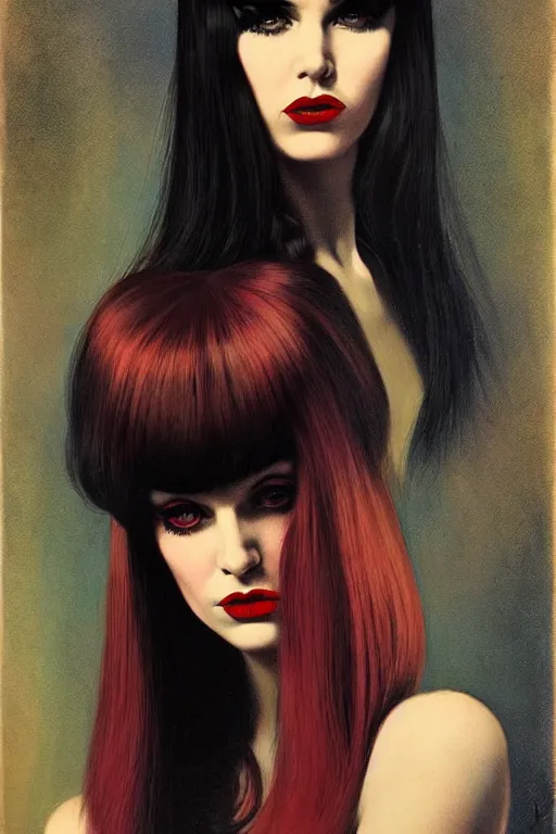 Image similar to portrait 1 9 6 0 s beautiful mod girl, long straight 6 0 s hair with bangs, wearing velvet, vampire, glam, groovy, by brom, tom bagshaw