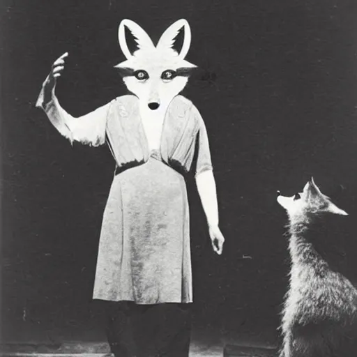 Image similar to anthropomorphic fox in a theatre play, 1920s photograph