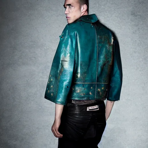 Image similar to an award - winning editorial photo of a male model wearing a teal distressed baggy medieval cropped leather menswear jacket by alexander mcqueen, 4 k, studio lighting, 5 0 mm