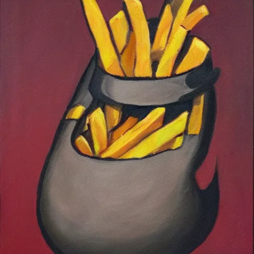 Prompt: an oil painting of a Potato with tattoos eating fries