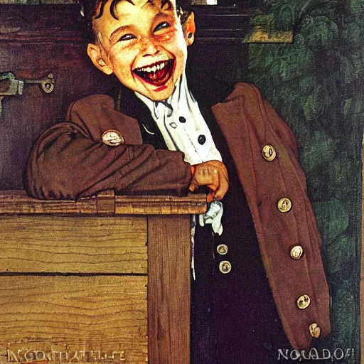 Image similar to smiling handsome young vampire count in the window. painting by Norman Rockwell.