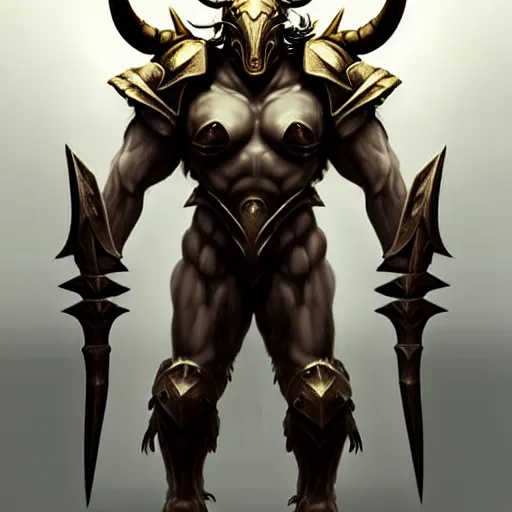 Image similar to Giant minotaur humanoid beast warrior with two handed axe, horned helmet, concept art, heavy white and golden armor, giant horns, portrait, dungeons and dragons, hyperrealism, high details, digital painting, dark fantasy