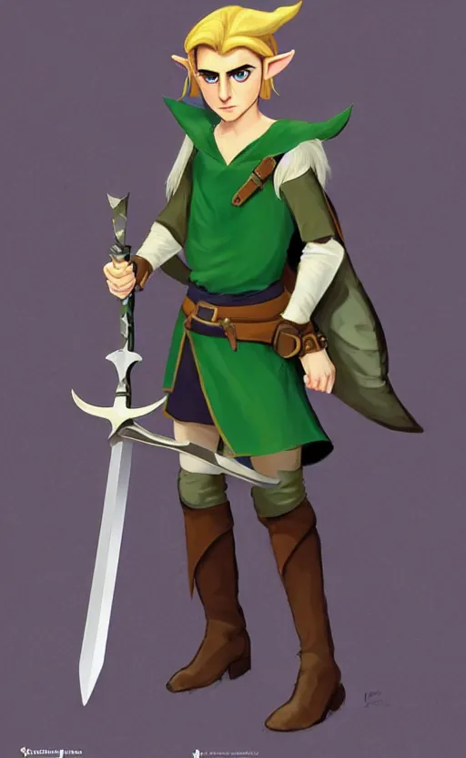 Image similar to Timothee Chalamet as Link from Legend of Zelda, elf ears, long blonde hair, +++ super super super dynamic posing, j.c. leyendecker, Valentina Remenar, thick eyebrows, super serious facial expression, holding a sword & shield, ocarina of time movie, concept photos, dynamic lighting, dynamic shaders