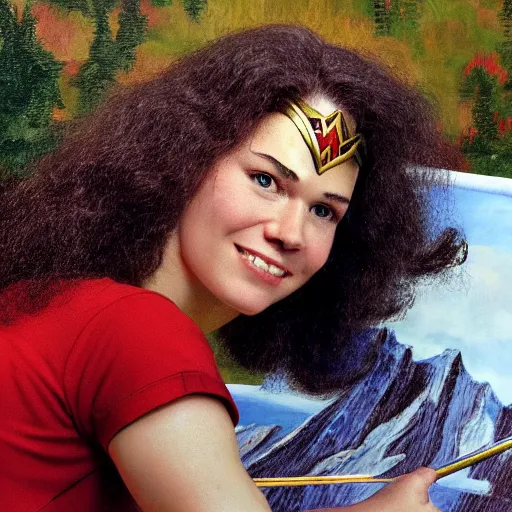 Image similar to a closeup photorealistic photograph of bob ross working on a canvas painting of wonder woman. film still. brightly lit scene. mountains and trees. this 4 k hd image is trending on artstation, featured on behance, well - rendered, extra crisp, features intricate detail, epic composition and the style of unreal engine.