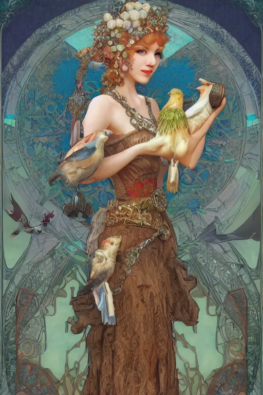 Image similar to zoomed out 3 d render of english princess holding birds, ornaments, mucha vibe, dieselpunk, solarpunk, artstation