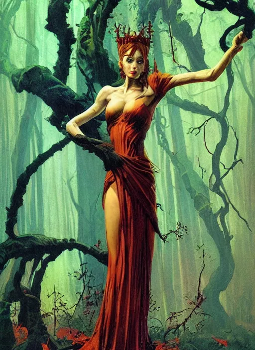 Image similar to mighty fey queen, vine dress, glowing forest, strong line, eerie color, beautiful! coherent! by frank frazetta, by brom