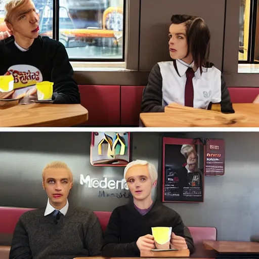 Image similar to Two different people sitting at a booth in McDonalds, one of the people is Draco Malfoy, the other character is Eddie Munson, McDonalds interior background, photo