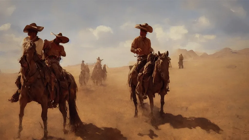 Image similar to oil painting of cowboy dream at mexican desert setting, art by anders zorn, wonderful masterpiece by greg rutkowski, beautiful cinematic light, american romanticism by greg manchess, reflections in copper, sunlight, dust and steam