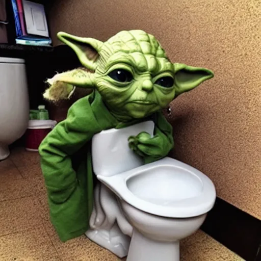 Image similar to photo of yoda sitting on the toilet