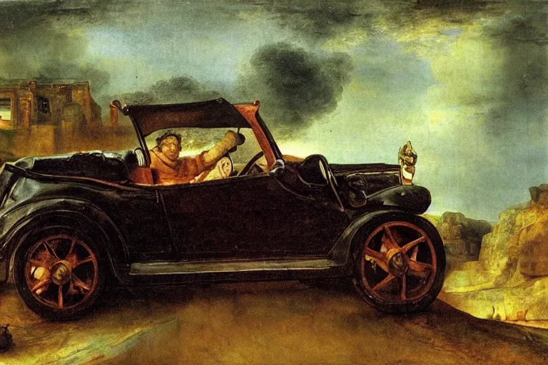 Prompt: man driving convertible sports car. painting by rembrandt