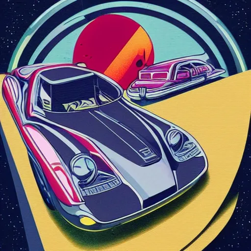 Prompt: retro - futurism, car in space