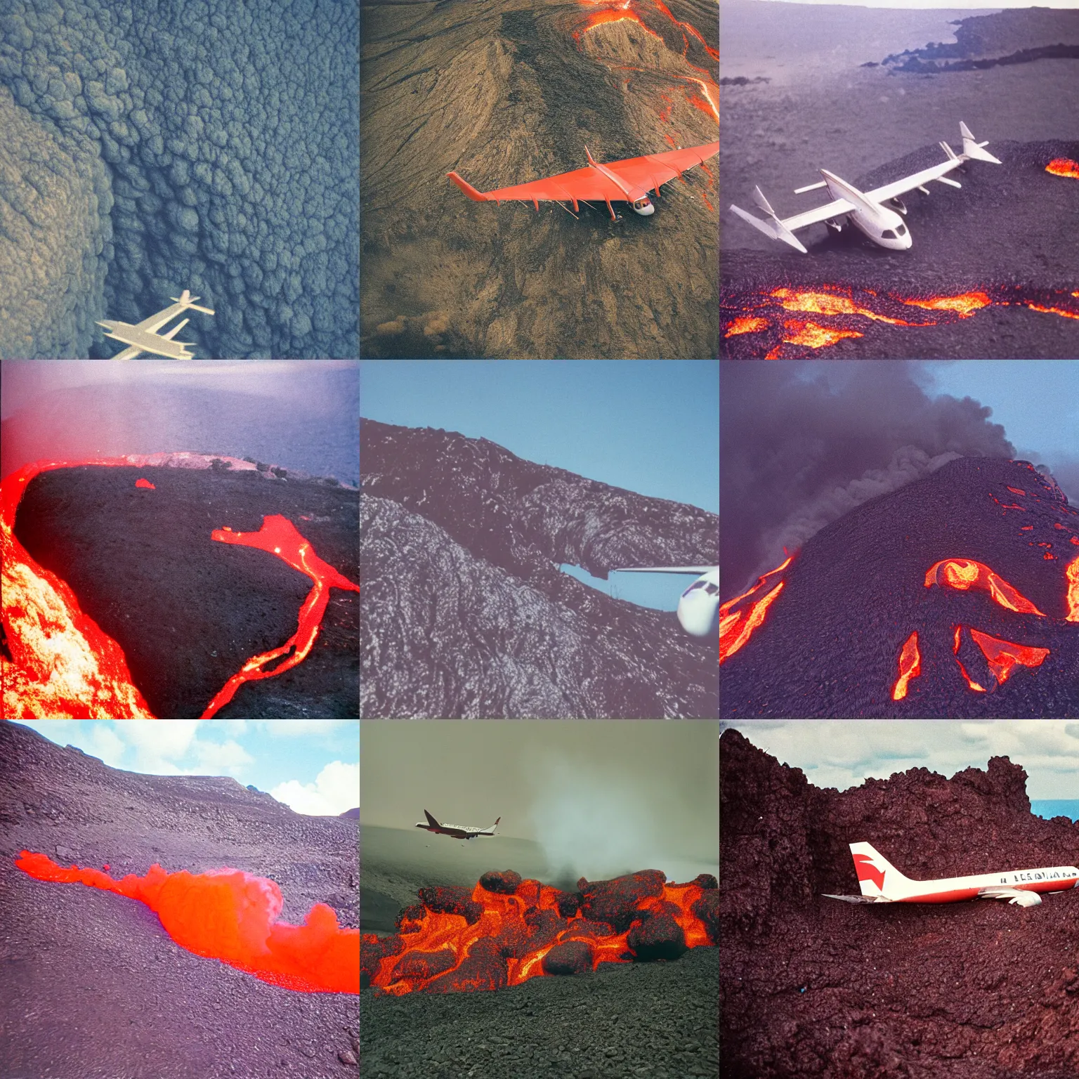 Prompt: cinestill of a plane emerging from lava