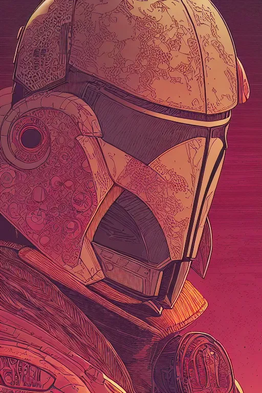 Image similar to closeup potrait of the mandalorian, intricate, volumetric lighting, moebius, geof darrow, frank miller, dan mumford, detailed illustration, digital art, victo ngai, kilian eng, vector art