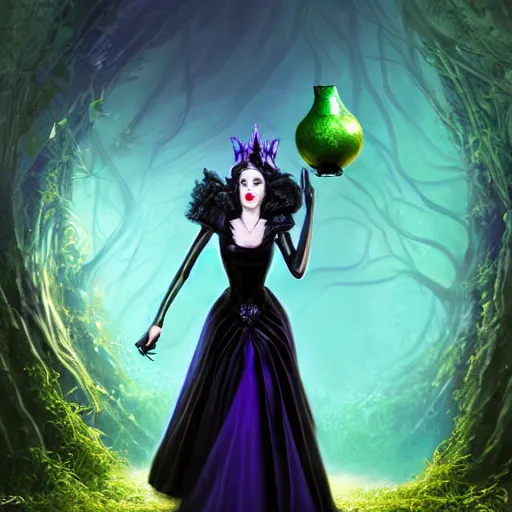 Image similar to evil queen holding up a crystal apple with both hands, wearing a black dress with big collar, a violet magical jungle in the background. in the style of magic the gathering, james jean, ross tran, craig mullins. yennefer vengerberg, magical atmosphere, superdetailed illustration, 3 d art overpain, 8 k