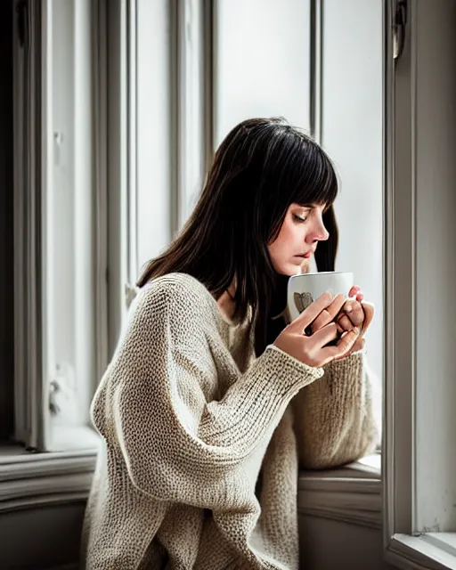 Image similar to a cozy photograph of a pretty french girl with dark hair, wearing a loose oversized white sweater, cuddled up by a windowsill looking at the camera over her mug of hot tea. dramatic lighting, fantasy, intricate, elegant, highly detailed, lifelike, photorealistic, Sigma 1.6, 50mm, bokeh, HDR, high resolution, artstation, concept art, smooth, sharp focus, art by John Collier and Albert Aublet and Krenz Cushart and Artem Demura and Alphonse Mucha