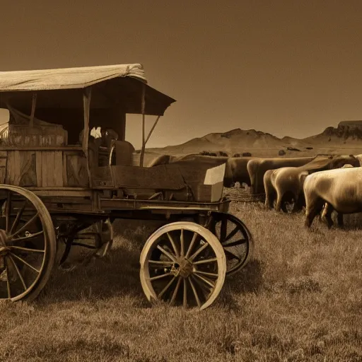 Prompt: a monochromatic sepia photograph of a delorean traveling with covered wagons and cattle on the oregon trail, trending on art station,