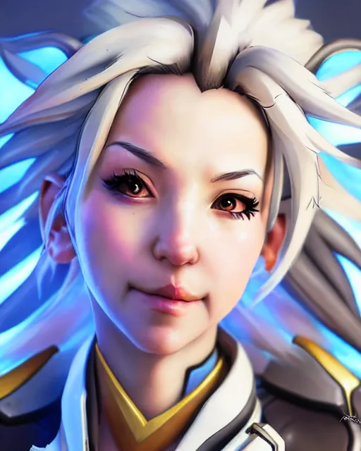 Image similar to mercy from overwatch, character portrait, portrait, close up, concept art, intricate details, highly detailed, in the style of realism