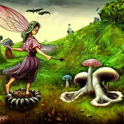 Prompt: Scary godlike fairy killing a frog , detailed mushroom village in the background , Taras Shevchenko style, post-processing, fantasy , masterpiece , junji ito, painting , vibrant colors