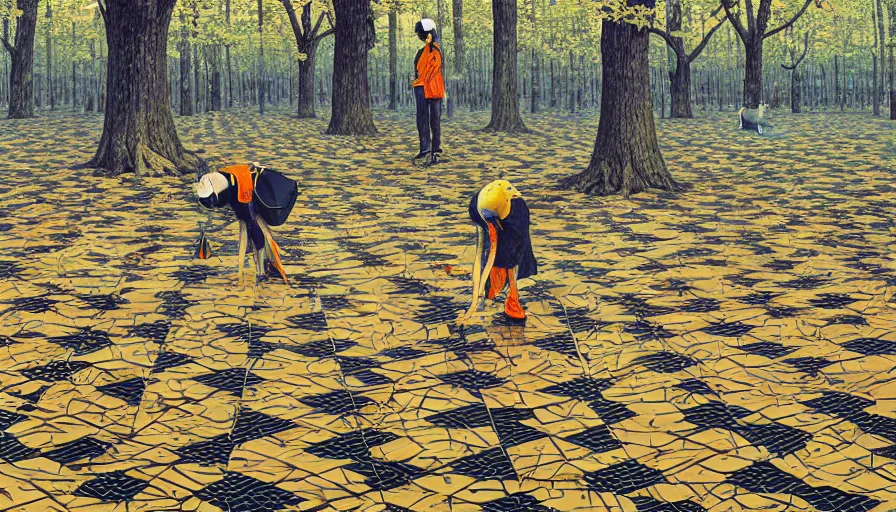 Image similar to safety cones scattered around an oak tree forest, checkered floor, by james jean by ilya kuvshinov kintsugi, hyper detailed surrealist painting