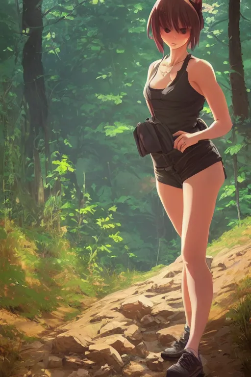 Prompt: a girl on a hiking trail, full shot, fine - face, realistic shaded perfect body, fine details. night setting. very anime style. realistic shaded lighting poster by ilya kuvshinov katsuhiro, magali villeneuve, artgerm, jeremy lipkin and michael garmash, rob rey and kentaro miura style, trending on art station