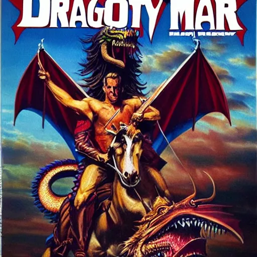 Prompt: heroic painting of Saul Goodman riding a dragon as the cover of a Heavy Metal magazine from the 1980s